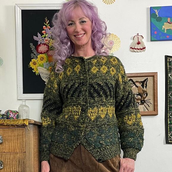 Vintage Green & Gold Grandpa Cardigan, 1970s Hand Knit Button Front Sweater Sz L - Picture 10 of 11